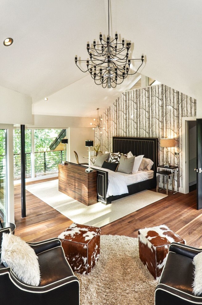 Modern Mountain Bedroom With Tv Lift And Black Chandelier