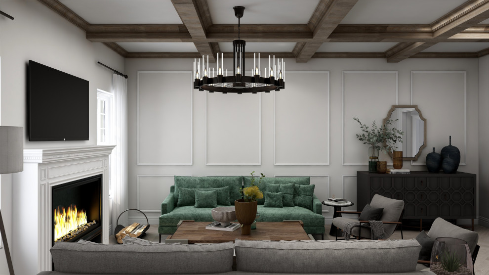 Design ideas for a mid-sized country formal enclosed living room in New York with white walls, light hardwood floors, a standard fireplace, a wall-mounted tv, beige floor, decorative wall panelling, a metal fireplace surround and exposed beam.