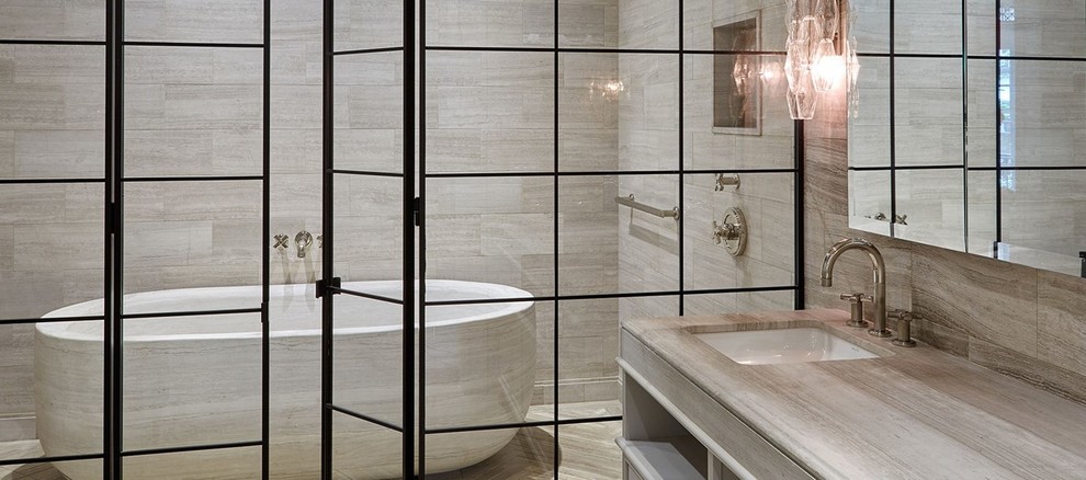 Inspiration for a large asian master wet room bathroom in New York with open cabinets, light wood cabinets, a freestanding tub, beige tile, ceramic tile, beige walls, travertine floors, an undermount sink, engineered quartz benchtops, beige floor and an open shower.