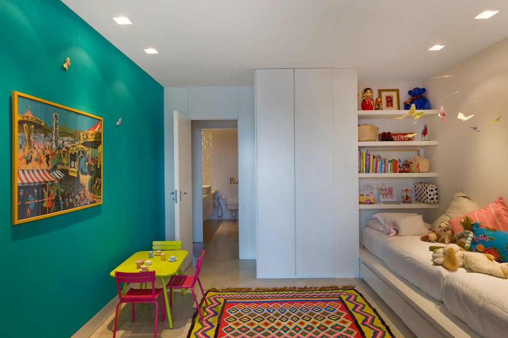 Design ideas for a mid-sized mediterranean gender-neutral kids' playroom for kids 4-10 years old in Other with blue walls.