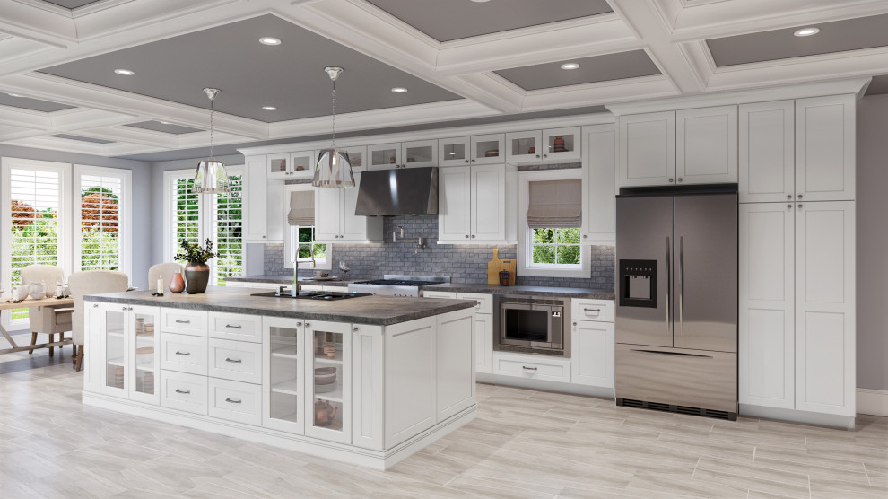 Design ideas for an expansive contemporary single-wall eat-in kitchen in Tampa with a double-bowl sink, shaker cabinets, white cabinets, quartz benchtops, grey splashback, ceramic splashback, stainless steel appliances, vinyl floors, with island, brown floor, brown benchtop and recessed.