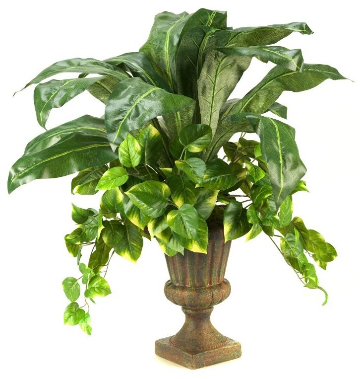 D and W Silks Bird Nest Palm and Pothos Ivy in Urn Multicolor - 104035