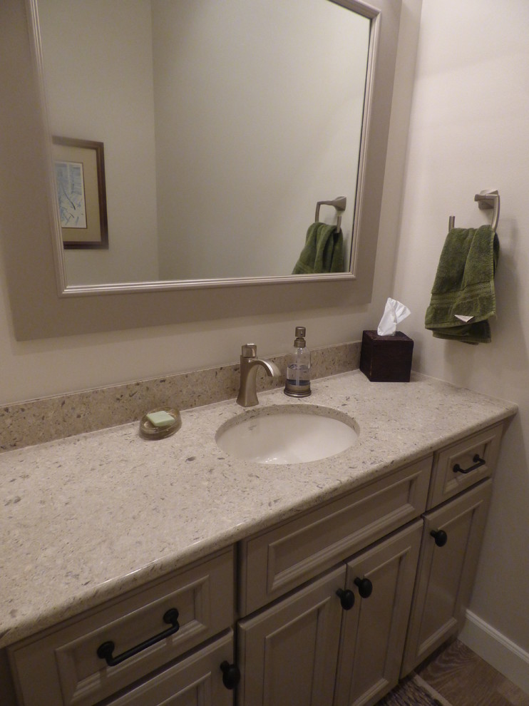 Photo of a large traditional bathroom in Other with shaker cabinets, dark wood cabinets and medium hardwood floors.