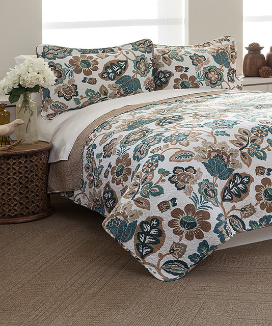 Taupe & Blue Moorea Quilt Bedding Set - Modern - Bedding