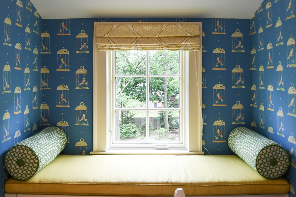 Expansive traditional guest bedroom in Cleveland with blue walls, carpet and multi-coloured floor.
