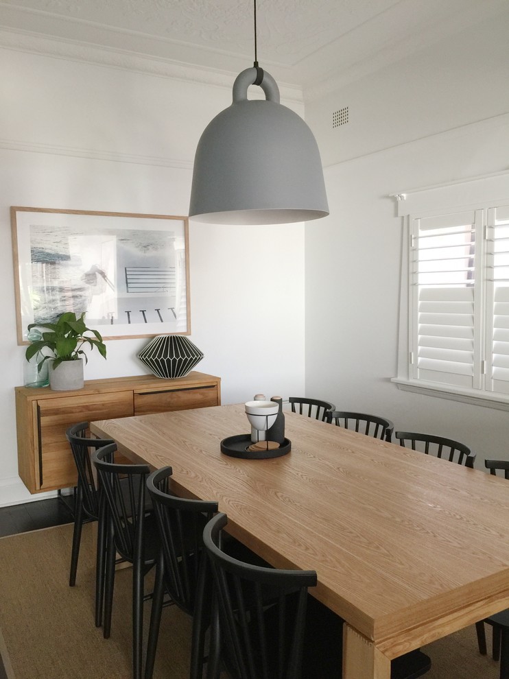 Photo of a mid-sized scandinavian dining room in Sydney with white walls and dark hardwood floors.