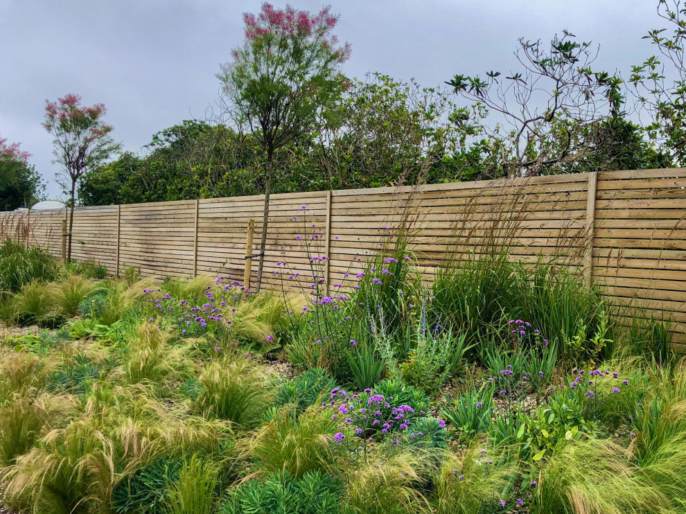 Foto di un grande giardino design esposto in pieno sole dietro casa in estate con recinzione in legno