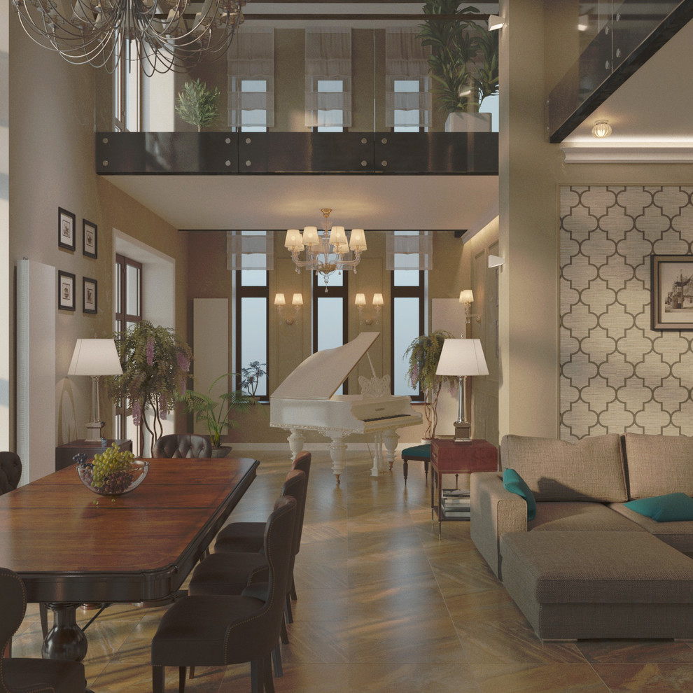 Гостиная, столовая, зона камина, музыкальная и кухня