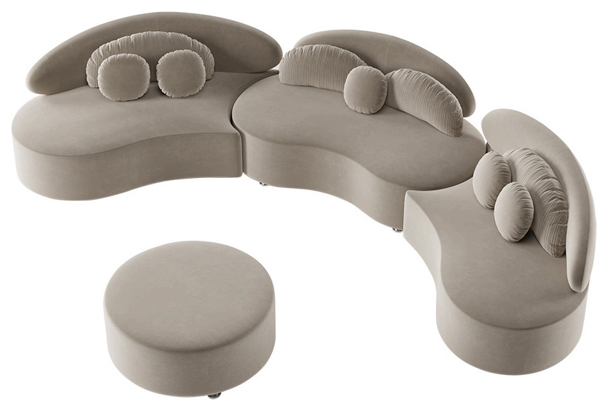 Khaki 4 Pieces Curved Sectional Modular Sofa Velvet Upholstered with