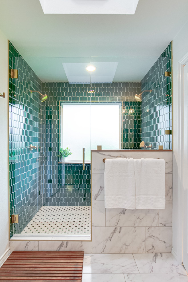 This is an example of a mid-sized midcentury master wet room bathroom in Dallas with furniture-like cabinets, medium wood cabinets, green tile, mosaic tile, green walls, marble floors, an undermount sink, white floor, a hinged shower door, white benchtops, a niche, a double vanity, a freestanding vanity, a two-piece toilet, engineered quartz benchtops and wood walls.