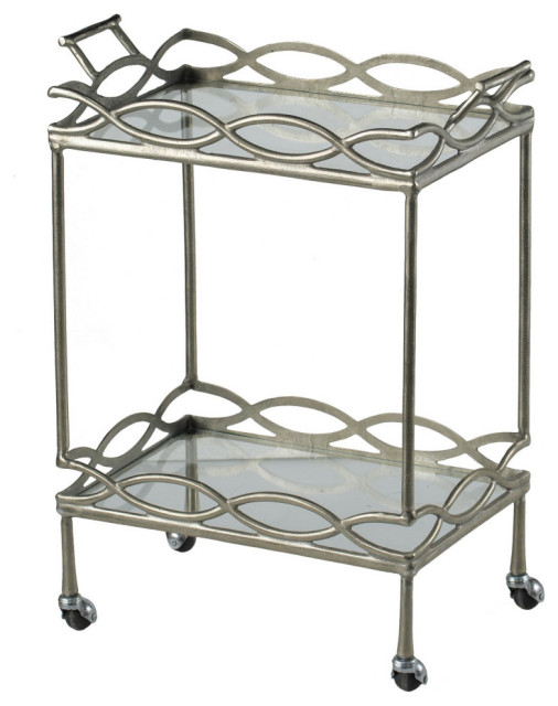 30" Aluminum Bar Cart, 2 Tier Glass Shelves, Dynamic Accents, Silver