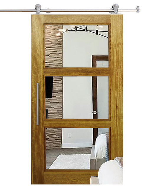 3 Mirror Panel Shaker Barn Door African Oak With Insert 3 Mirror Panel Shaker Barn Door