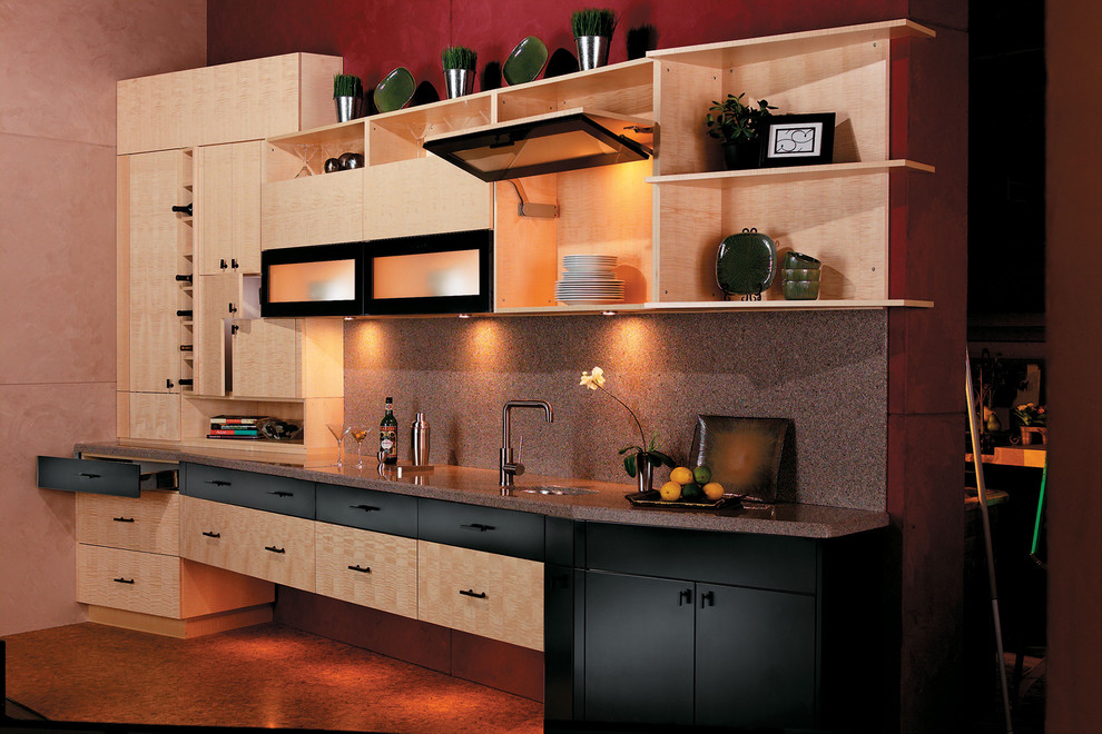 Photo of a contemporary kitchen in Other with open cabinets and light wood cabinets.