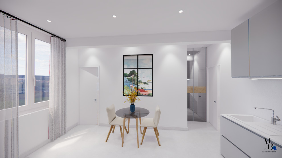 Immagine di una sala da pranzo aperta verso il soggiorno minimalista di medie dimensioni con pareti bianche, pavimento con piastrelle in ceramica, nessun camino, pavimento grigio e carta da parati