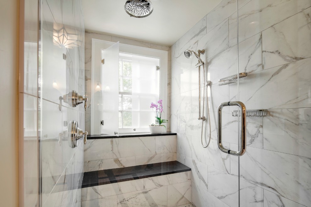 Mid-sized traditional master bathroom in Kansas City with recessed-panel cabinets, dark wood cabinets, a freestanding tub, an alcove shower, white tile, porcelain tile, yellow walls, porcelain floors, engineered quartz benchtops, white floor, a hinged shower door and black benchtops.