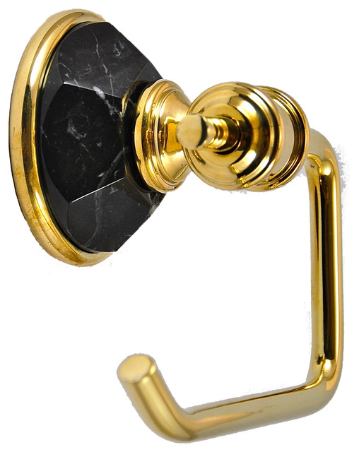 Toilet Paper Holder With Nero Marquina Marble Accents, Polished Nickel