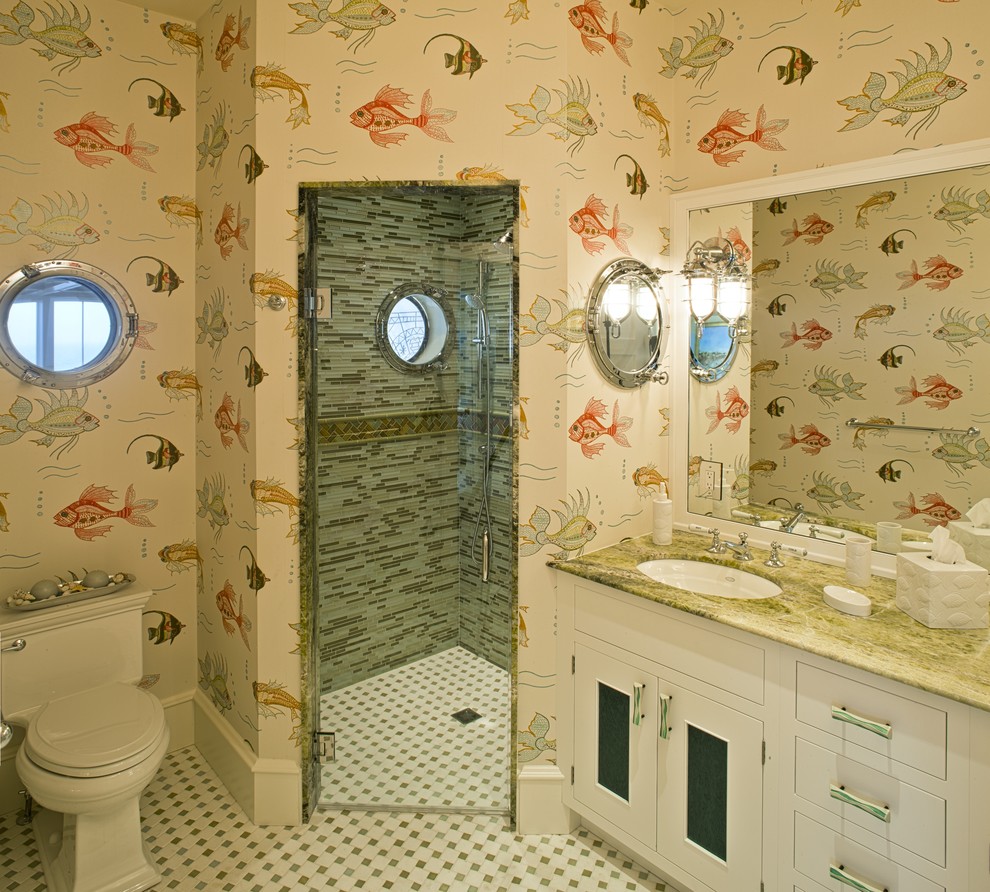 Inspiration for a beach style bathroom in Philadelphia with a corner shower, mosaic tile and multi-coloured walls.