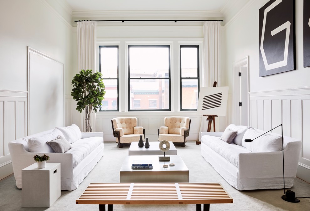 Inspiration for a mid-sized scandinavian formal living room in Providence with white walls and no fireplace.