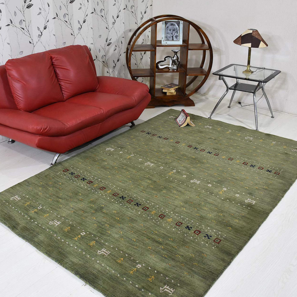 Hand Knotted Loom Wool Area Rug Contemporary Green, [Rectangle] 5'x8'