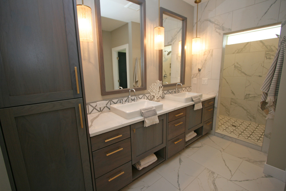 Mid-sized transitional master bathroom in Seattle with shaker cabinets, grey cabinets, a double shower, a two-piece toilet, white tile, porcelain tile, grey walls, porcelain floors, a vessel sink, engineered quartz benchtops, white floor, an open shower and white benchtops.