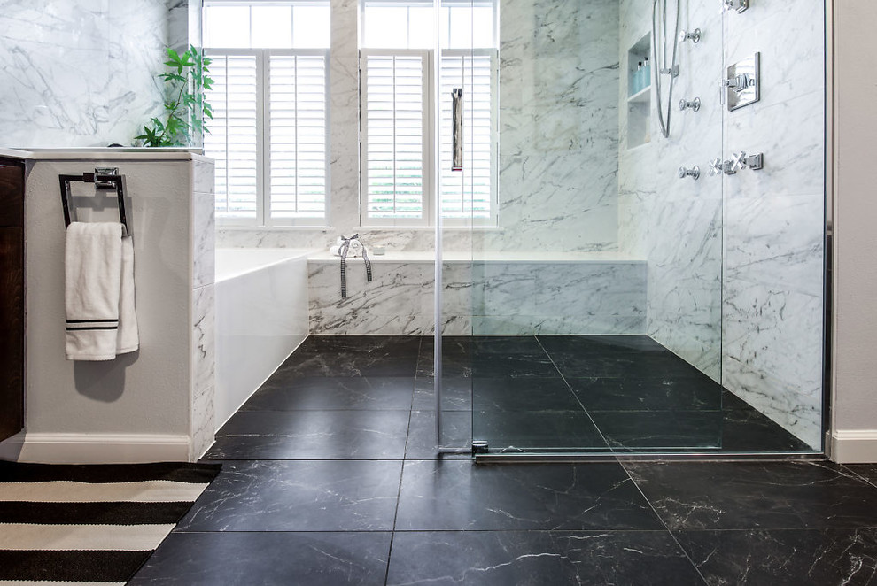 Bathroom - large contemporary master marble floor and black floor bathroom idea in Seattle with recessed-panel cabinets, dark wood cabinets, gray walls, an undermount sink, quartz countertops and white countertops