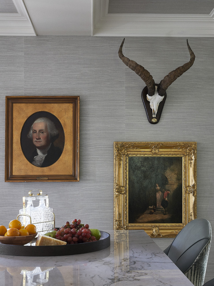 Inspiration for a traditional dining room in Denver with grey walls, wallpaper, dark hardwood floors and brown floor.