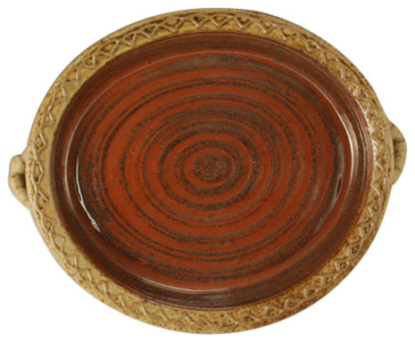 Hand Crafted Oval Baker / Tray With Handles And Unique Raised Slip Decoration