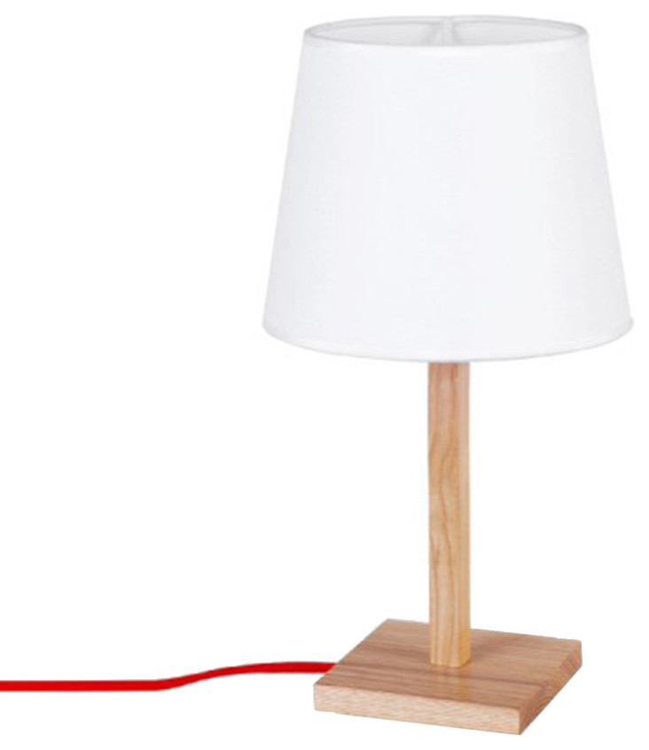 Modern Style Square Base Wooden Table Lamp with Bell Shape White Shade