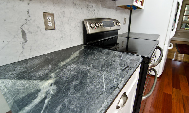 Soapstone Counters With White Carrara Marble Full Backsplash