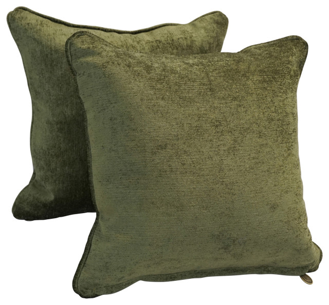 18" DoubleCorded Jacquard Chenille Square Throw Pillows, Set of 2, Green Solid Transitional
