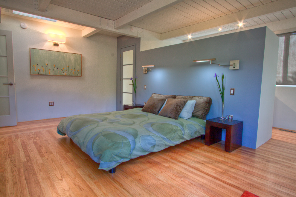 Photo of a large modern master bedroom in San Francisco with blue walls, light hardwood floors and no fireplace.