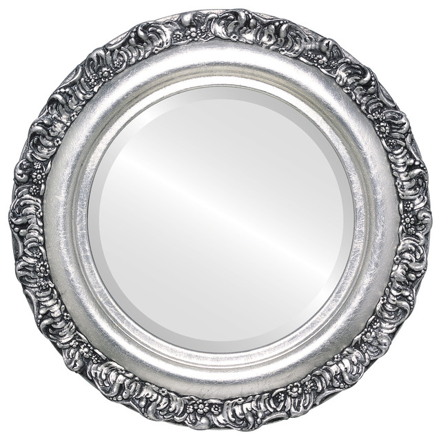 Venice Framed Round Mirror in Silver Leaf with Black Antique