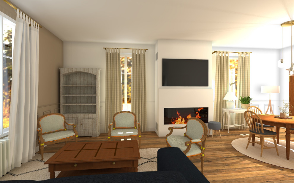 Design ideas for a large transitional living room in Other with beige walls, light hardwood floors, a plaster fireplace surround and a built-in media wall.