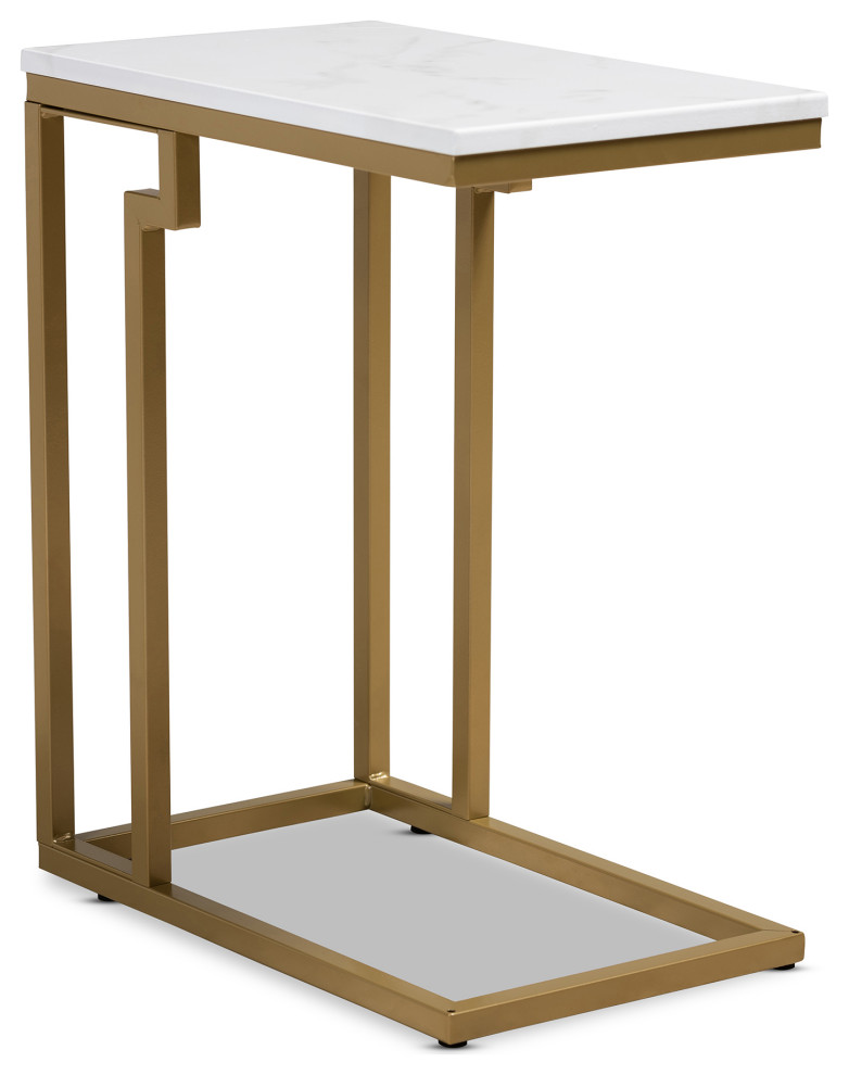Remminth Faux Marble Metal End Table, Brushed Gold Contemporary