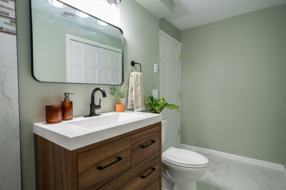Inspiration for a small traditional 3/4 bathroom in Minneapolis with flat-panel cabinets, medium wood cabinets, an alcove shower, a wall-mount toilet, beige tile, ceramic tile, blue walls, cement tiles, an undermount sink, zinc benchtops, white floor, a shower curtain, white benchtops, a single vanity and a freestanding vanity.