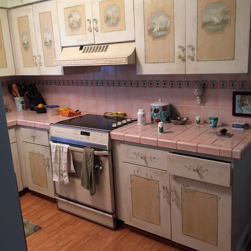 a old florida house with hand painted kitchen cabinets love the cabinets hate the countertops any suggestions new stainless stove and frige ordered - Hand Painted Kitchen Cabinets a old florida house with hand painted kitchen cabinets love the cabinets hate the countertops any suggestions new stainless stove and frige ordered - Hand Painted Kitchen Cabinets