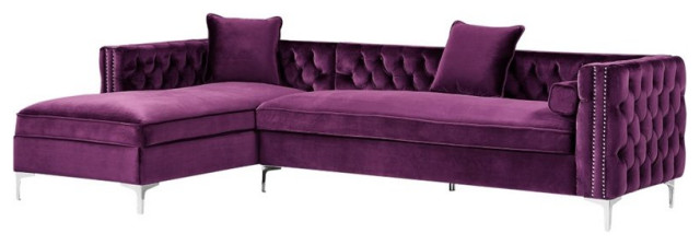 Brika Home 115 Velvet Tufted Left, Purple Leather Sectional Sofa