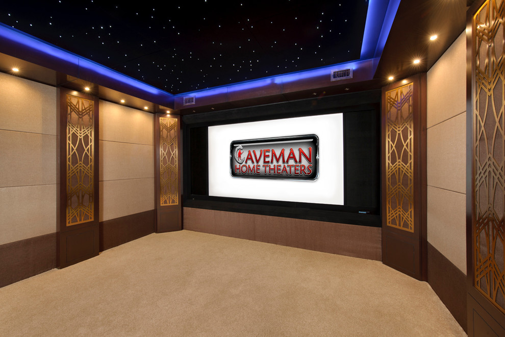 This is an example of a mid-sized contemporary enclosed home theatre in Houston with beige walls, carpet and a projector screen.