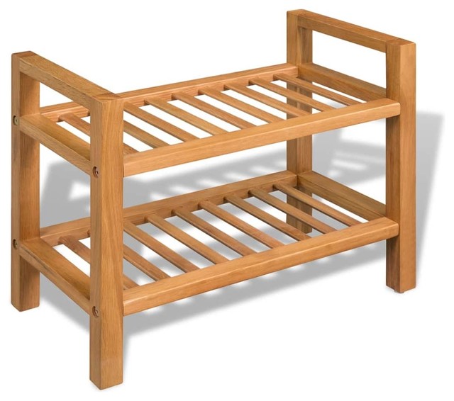 Vidaxl Solid Oak 2 Tier Shoe Rack Slated Brown Wood Footwear