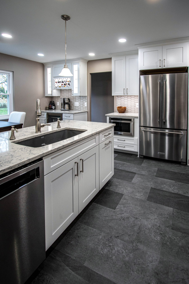 Grey and White Shaker Kitchen with Quartz Countertops and Picket-Style ...