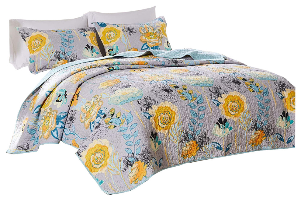 Greenland Home Fashions Watercolor Dream Quilt Set Gray 3Piece Full