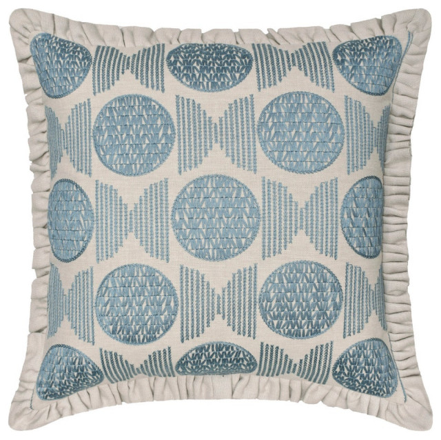 Blue Linen Embroidery and Frills Throw Pillow Cover Alisa, 22"x22