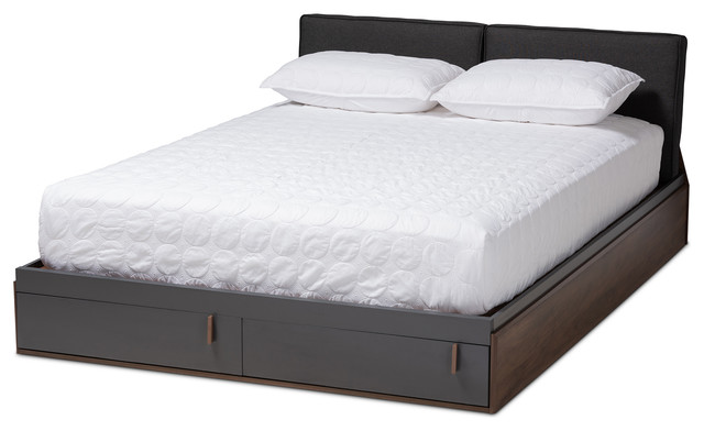 Two Tone Gray and Walnut Queen Size Platform Storage Bed, Gray 