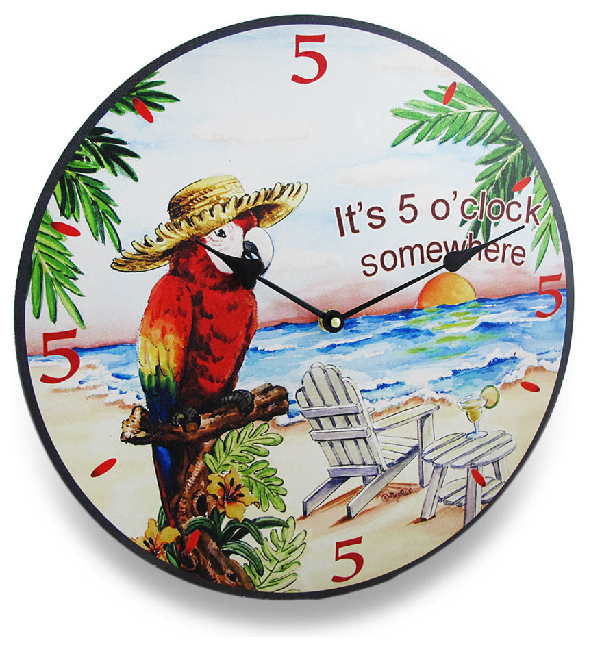 Its Five O Clock Somewhere Tropical Parrot Wall Clock 15 In Tropical Wall Clocks By Zeckos Houzz