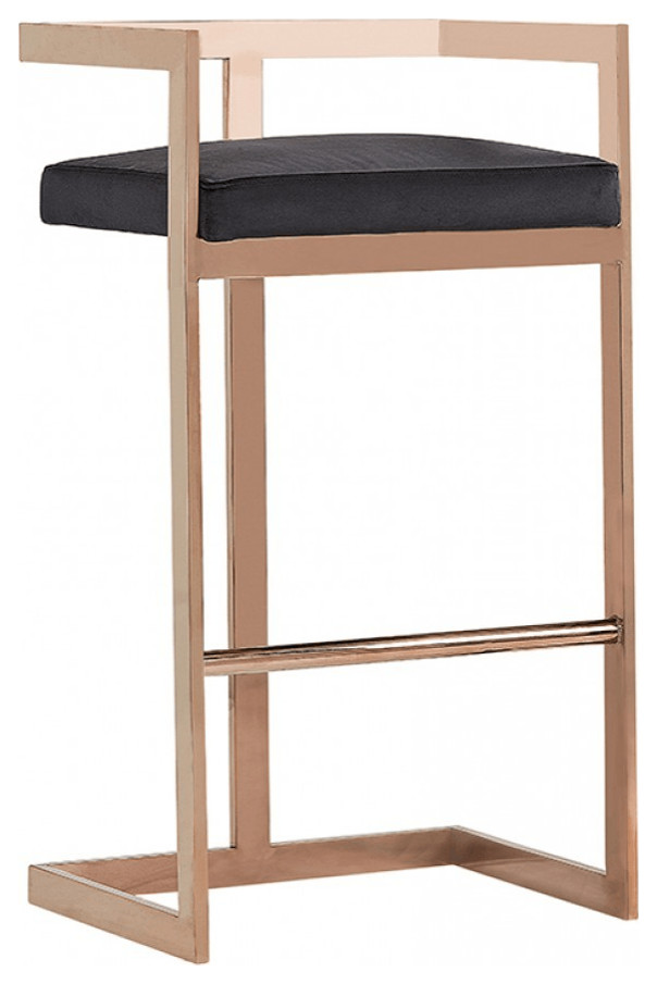 35" Black Velvet And Rosegold Low Back Bar Height Chair With Footrest Contemporary Bar