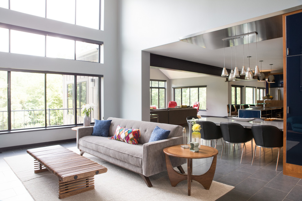 Immagine di un soggiorno moderno di medie dimensioni e aperto con pareti grigie, nessuna TV, pavimento in ardesia e pavimento grigio