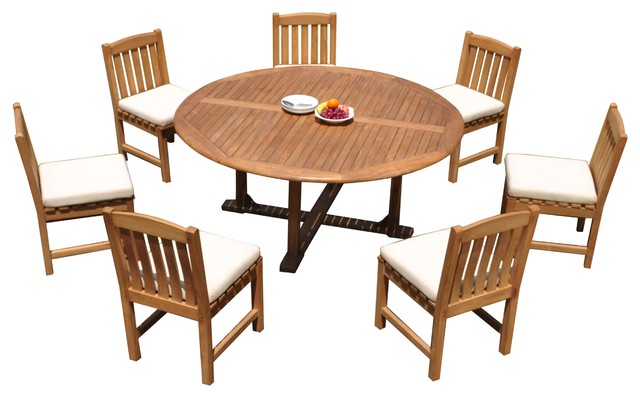 8 Piece Outdoor Patio Teak Dining Set, 72 Round Dining Table And Chairs
