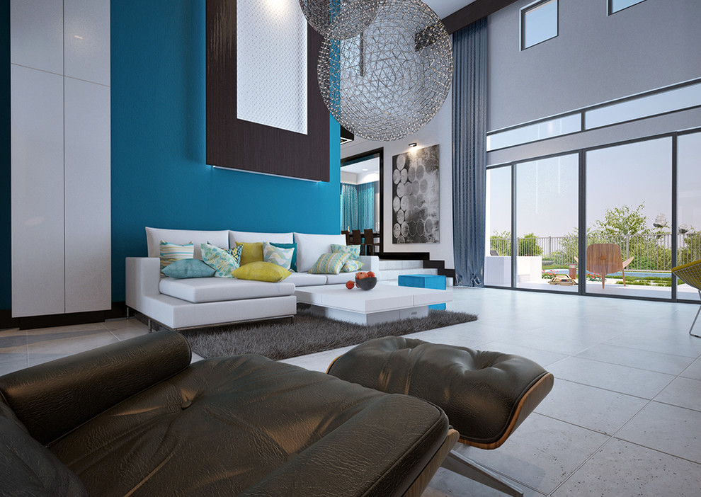 Design ideas for a mid-sized contemporary open concept living room in Las Vegas with blue walls, a stone fireplace surround and a wall-mounted tv.