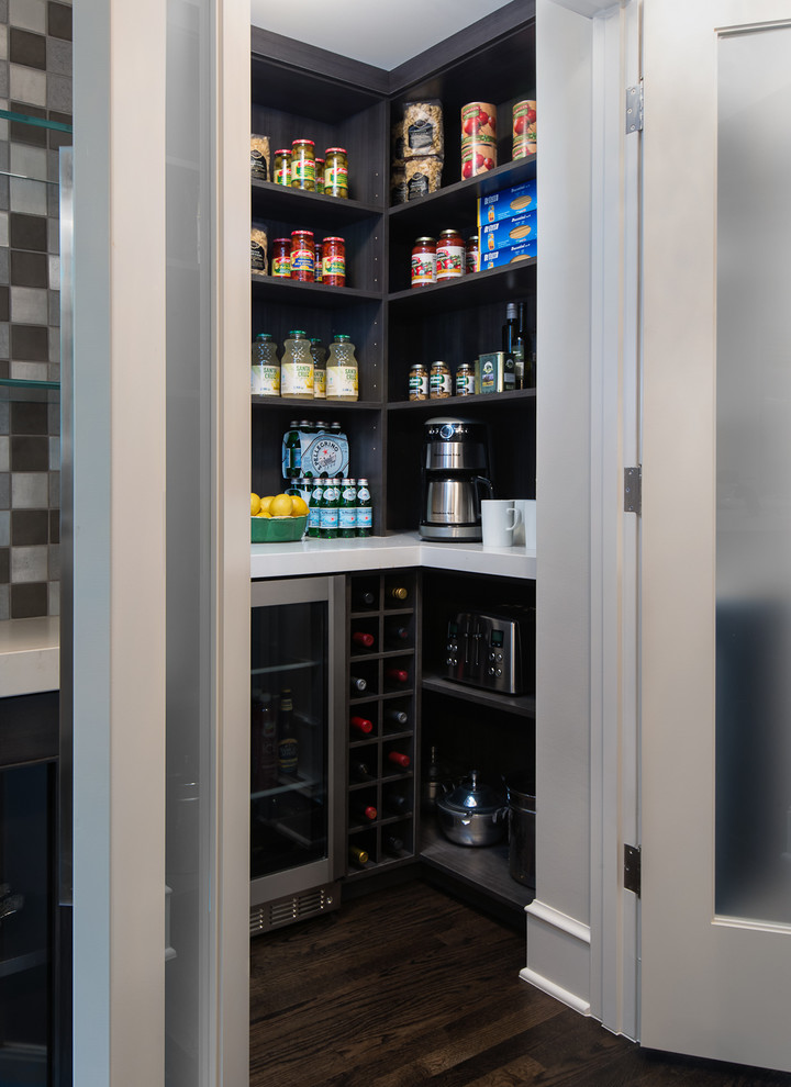 Photo of a mid-sized contemporary l-shaped kitchen pantry in Birmingham with quartz benchtops, stainless steel appliances, dark hardwood floors, with island, flat-panel cabinets, dark wood cabinets, brown floor and white benchtop.