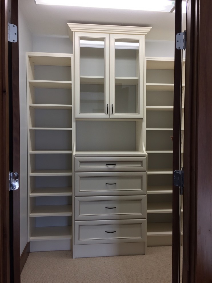 Inspiration for a mid-sized contemporary gender-neutral walk-in wardrobe in Other with raised-panel cabinets, beige cabinets, beige floor and carpet.